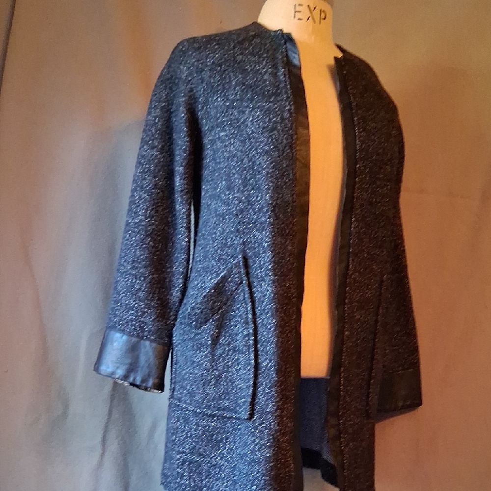 Zara long black open tweed cardigan/coat with leather trim-sz S